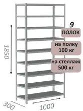 Стеллаж MS Standart 185х100х30, 9 полок, серый